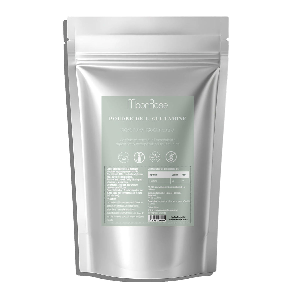 Poudre de L-Glutamine Pure MoonRose (500 g) — Confort Intestinal, Perméabilité Digestive & Récupération Musculaire | 100 % Végétale Sans Additifs | Cure 100 Jours | Certifié Halal - MoonRose
