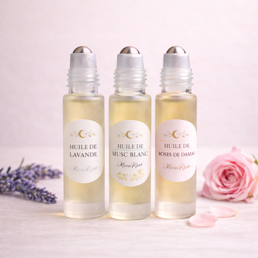 Ensemble d'huiles essentielles Rose Enchantée de MoonRose pour une routine visage naturelle à base de rose.