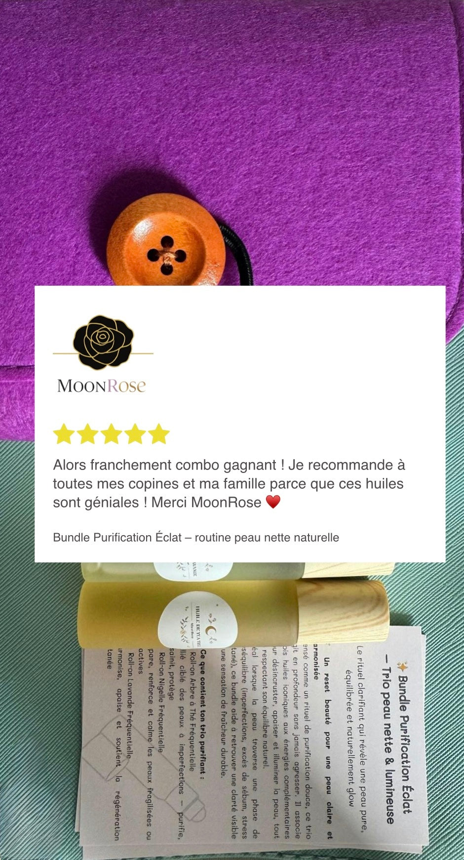 Ensemble d'huiles essentielles Purification Éclat MoonRose pour une routine visage naturelle, comprenant plusieurs flacons d'huiles.