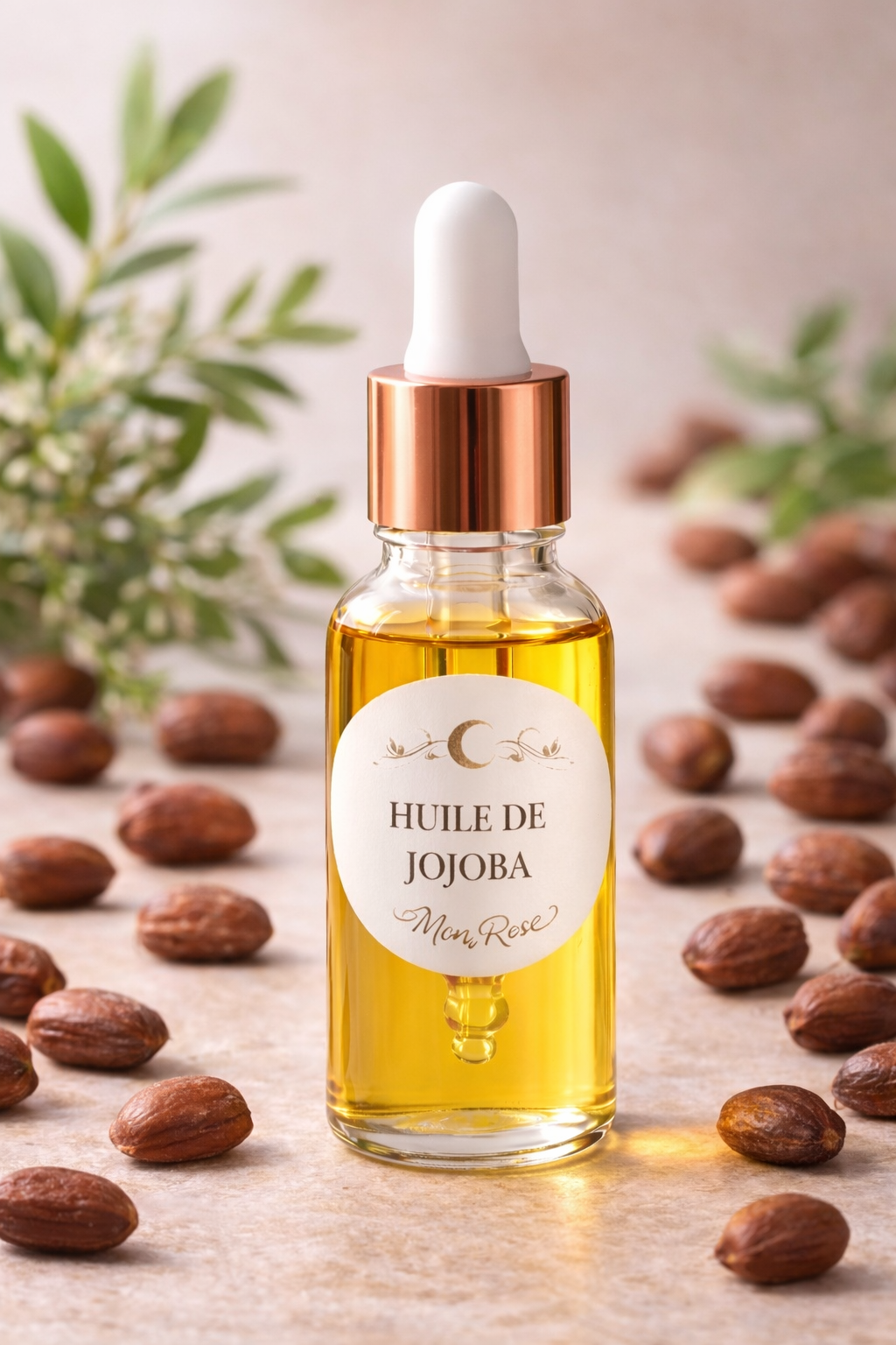 Huile de jojoba MoonRose de 30 ml, flacon en verre avec pipette, huiles essentielles naturelles pour soin de la peau.