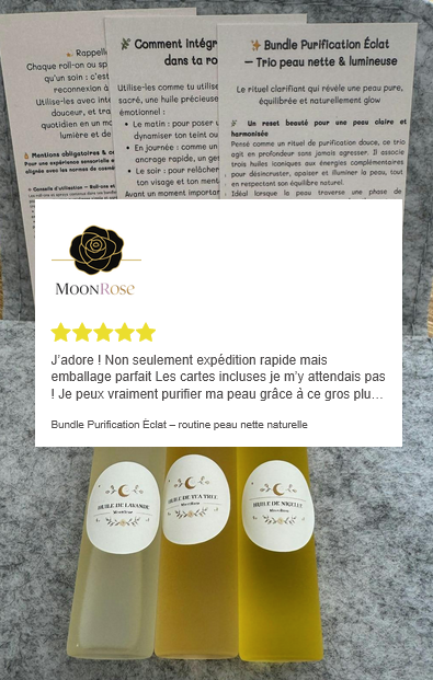 Ensemble de bundles huiles essentielles Purification Éclat pour une routine peau nette, par MoonRose, avec flacons d'huiles naturelles.