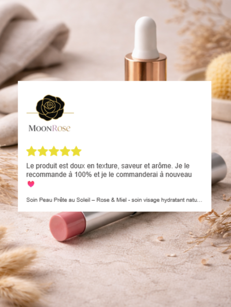 Ensemble de soins visage hydratants Rose et Miel de MoonRose, avec huiles essentielles et baume pour peau prête au soleil.
