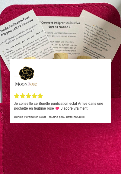Ensemble huiles essentielles Purification Éclat pour peau nette, comprenant flacons d'huiles naturelles MoonRose.