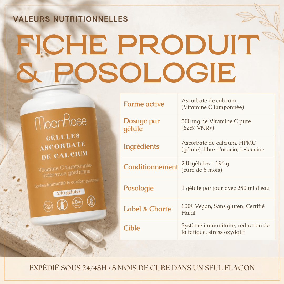 Ascorbate de Calcium – Vitamine C Tamponnée & Tolérance Gastrique (240 Gélules) - MoonRose