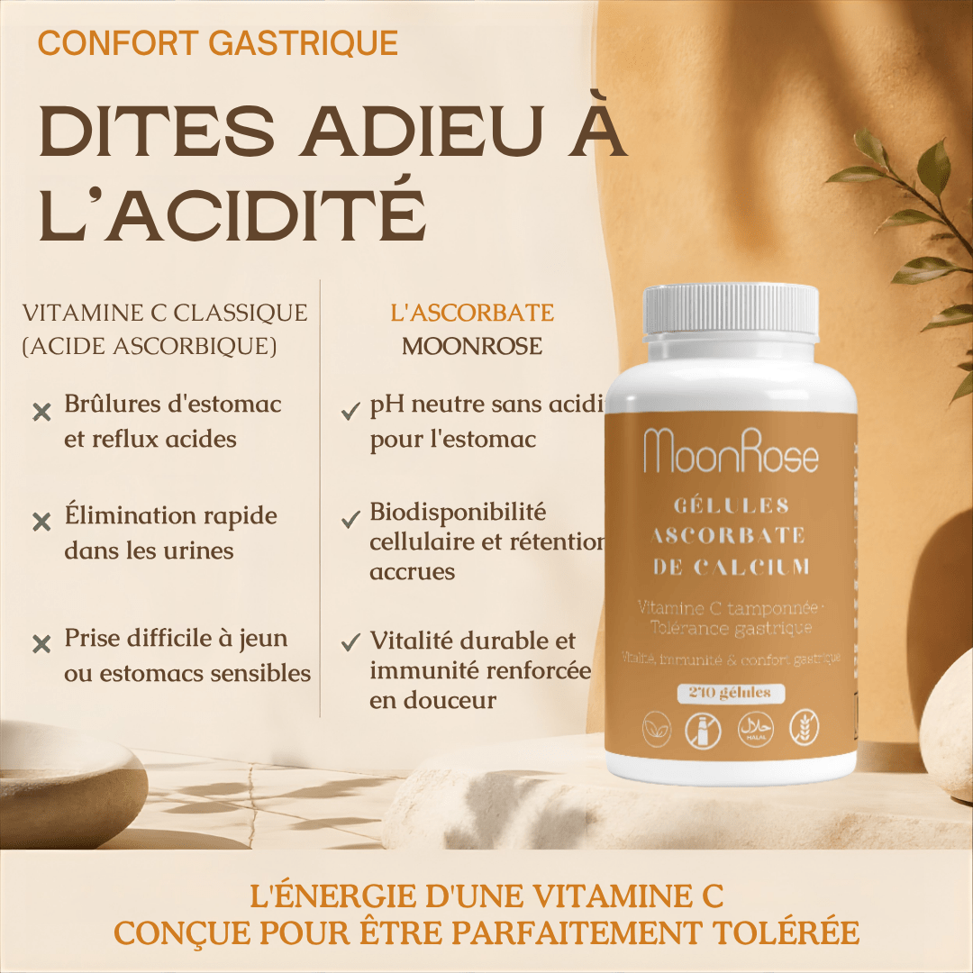 Ascorbate de Calcium – Vitamine C Tamponnée & Tolérance Gastrique (240 Gélules) - MoonRose
