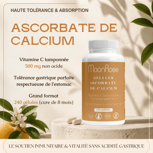 Ascorbate de Calcium – Vitamine C Tamponnée & Tolérance Gastrique (240 Gélules) - MoonRose