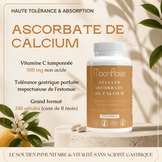 Ascorbate de Calcium – Vitamine C Tamponnée & Tolérance Gastrique (240 Gélules) - MoonRose