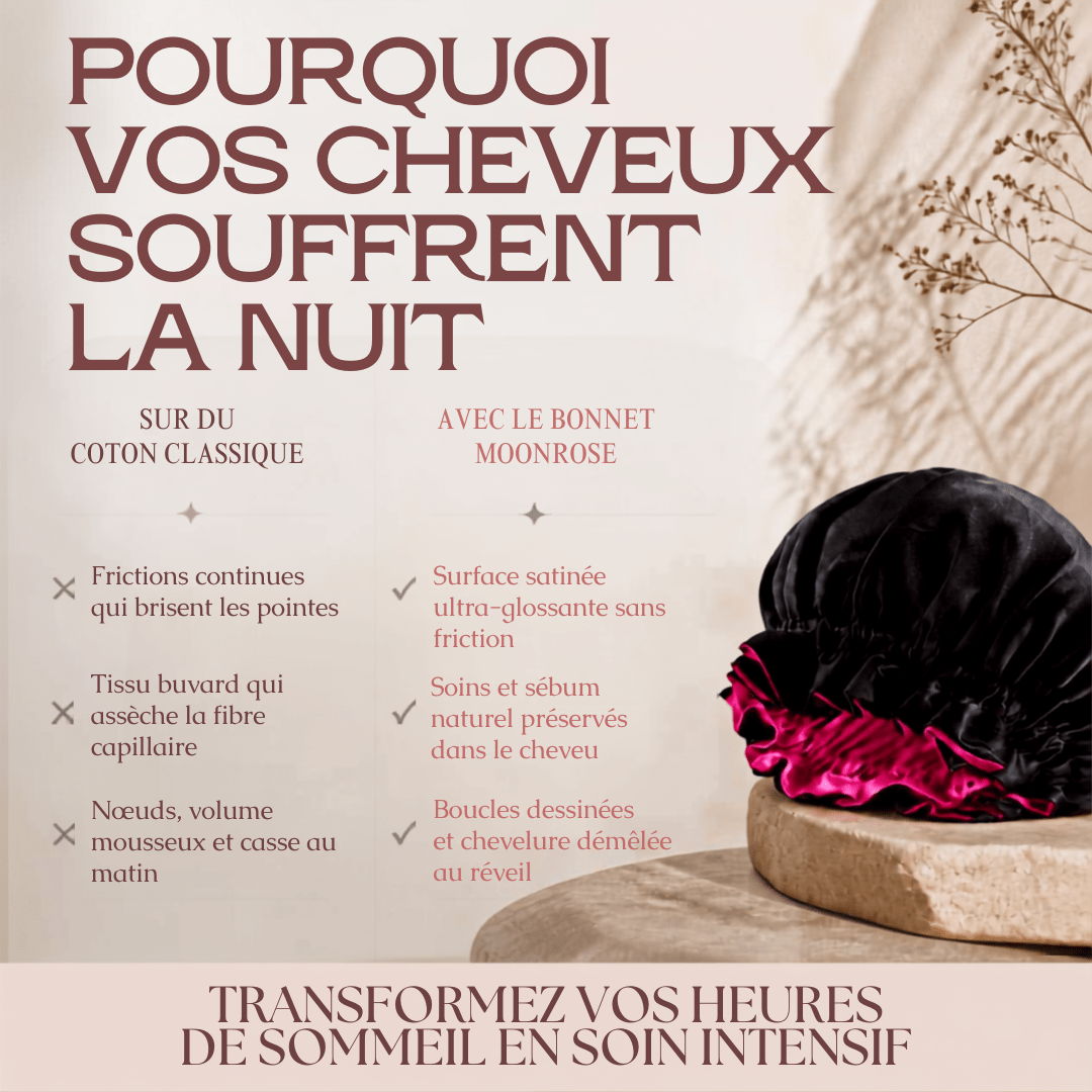 Bonnet de Nuit en Satin Premium Double Face MoonRose — Protection Capillaire Nocturne Anti-Casse, Anti-Frisottis & Maintien Hydratation - MoonRose