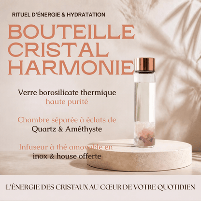 Bouteille Cristal Harmonie en Verre Borosilicate — Chambre à Éclats de Quartz & Améthyste avec Infuseur Thé Inox | Rituel Énergétique & Housse Néoprène Offerte - MoonRose