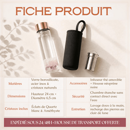 Bouteille Cristal Harmonie en Verre Borosilicate — Chambre à Éclats de Quartz & Améthyste avec Infuseur Thé Inox | Rituel Énergétique & Housse Néoprène Offerte - MoonRose