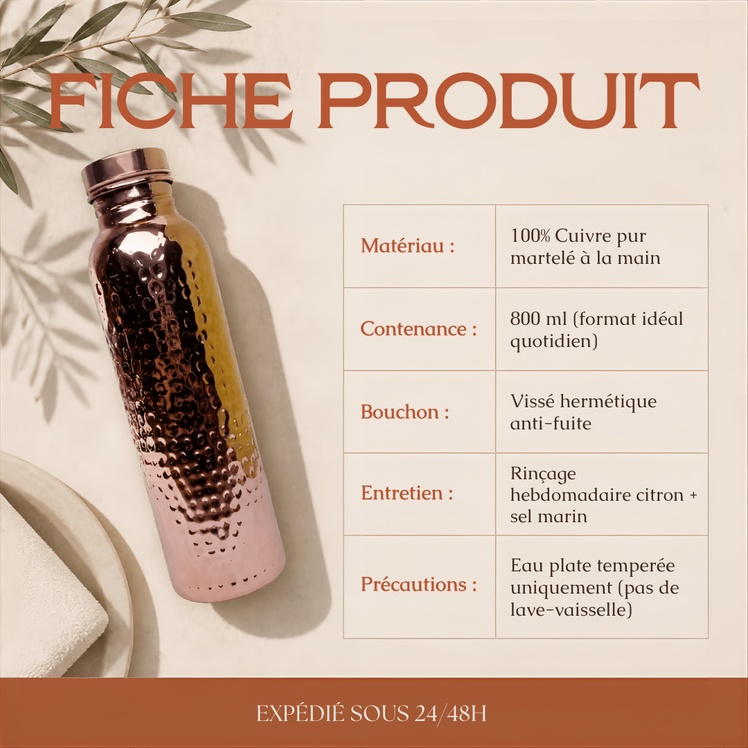 Bouteille en Cuivre Pur Martelé (800ml) — Rituel d’Hydratation Ayurvédique & Bien-Être Holistique - MoonRose