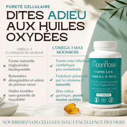 Capsules Omega 3 Max MoonRose (120 Softgels) — Huile de Poisson Sauvage Pure Forme Triglycérides (1400 mg) | 700 mg EPA & 500 mg DHA + Vitamine E | Cœur, Cerveau & Vision | Certifié Halal - MoonRose