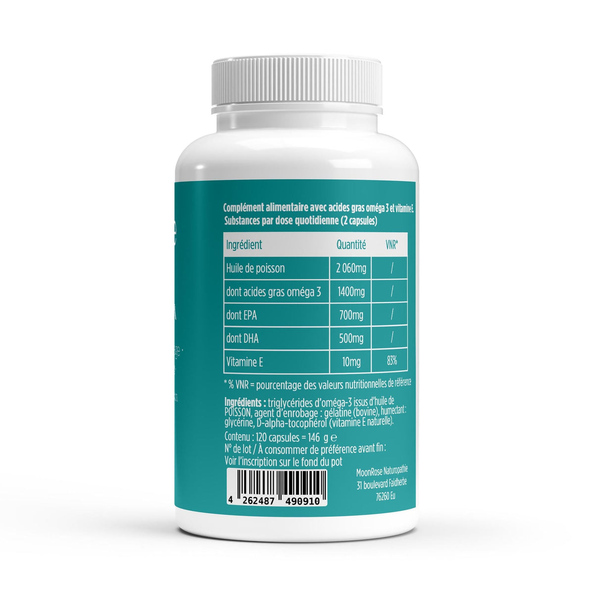 Capsules Omega 3 Max MoonRose (120 Softgels) — Huile de Poisson Sauvage Pure Forme Triglycérides (1400 mg) | 700 mg EPA & 500 mg DHA + Vitamine E | Cœur, Cerveau & Vision | Certifié Halal - MoonRose
