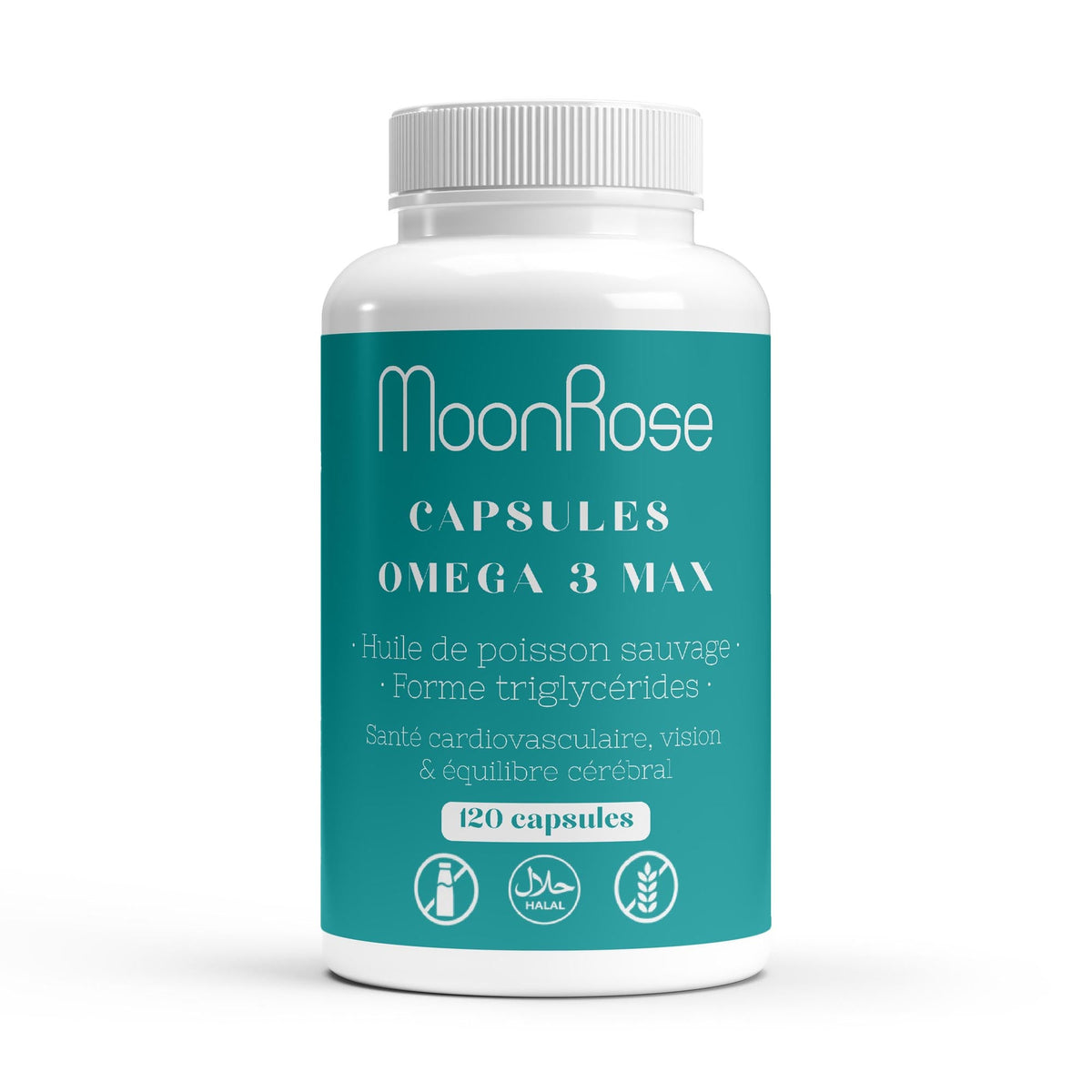 Capsules Omega 3 Max MoonRose (120 Softgels) — Huile de Poisson Sauvage Pure Forme Triglycérides (1400 mg) | 700 mg EPA & 500 mg DHA + Vitamine E | Cœur, Cerveau & Vision | Certifié Halal - MoonRose