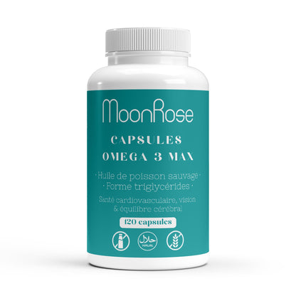 Capsules Omega 3 Max MoonRose (120 Softgels) — Huile de Poisson Sauvage Pure Forme Triglycérides (1400 mg) | 700 mg EPA & 500 mg DHA + Vitamine E | Cœur, Cerveau & Vision | Certifié Halal - MoonRose