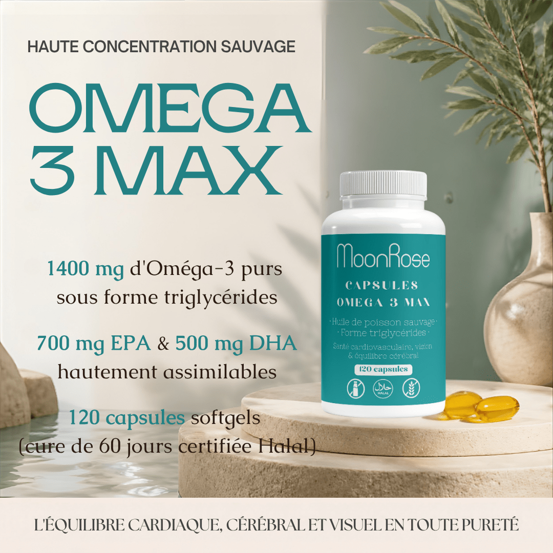 Capsules Omega 3 Max MoonRose (120 Softgels) — Huile de Poisson Sauvage Pure Forme Triglycérides (1400 mg) | 700 mg EPA & 500 mg DHA + Vitamine E | Cœur, Cerveau & Vision | Certifié Halal - MoonRose