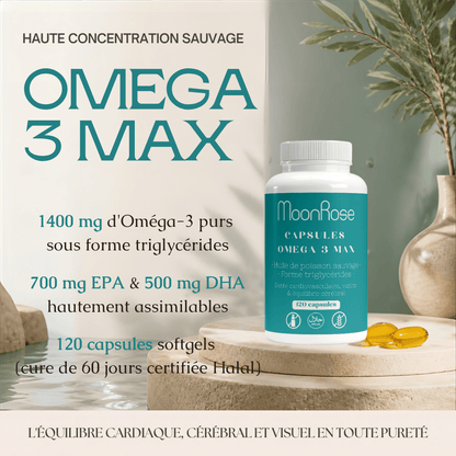 Capsules Omega 3 Max MoonRose (120 Softgels) — Huile de Poisson Sauvage Pure Forme Triglycérides (1400 mg) | 700 mg EPA & 500 mg DHA + Vitamine E | Cœur, Cerveau & Vision | Certifié Halal - MoonRose