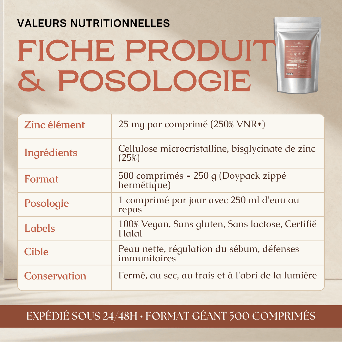 Comprimés Bisglycinate de Zinc Pur MoonRose (500 Comprimés) — 25 mg de Zinc Haute Assimilation (250 % VNR) | Peau Nette, Immunité & Vitalité | Format Géant 500 Jours | Certifié Halal - MoonRose