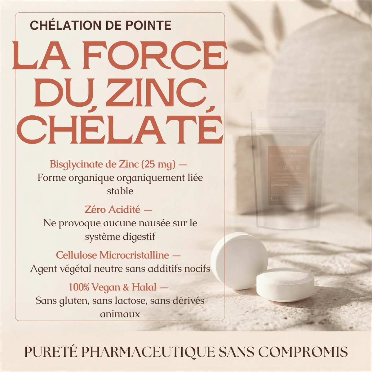 Comprimés Bisglycinate de Zinc Pur MoonRose (500 Comprimés) — 25 mg de Zinc Haute Assimilation (250 % VNR) | Peau Nette, Immunité & Vitalité | Format Géant 500 Jours | Certifié Halal - MoonRose
