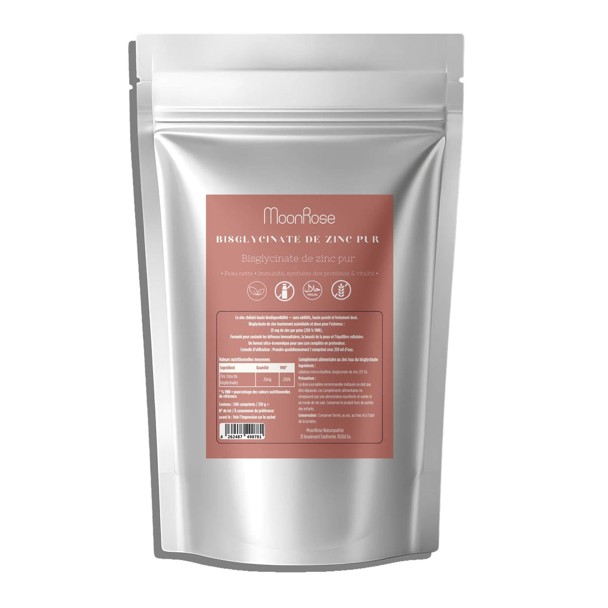 Comprimés Bisglycinate de Zinc Pur MoonRose (500 Comprimés) — 25 mg de Zinc Haute Assimilation (250 % VNR) | Peau Nette, Immunité & Vitalité | Format Géant 500 Jours | Certifié Halal - MoonRose