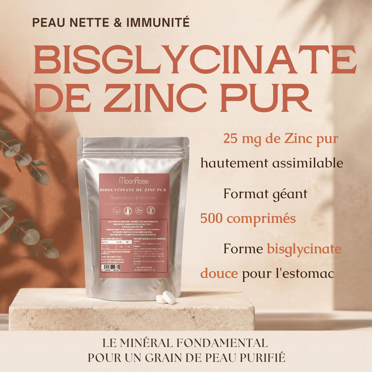 Comprimés Bisglycinate de Zinc Pur MoonRose (500 Comprimés) — 25 mg de Zinc Haute Assimilation (250 % VNR) | Peau Nette, Immunité & Vitalité | Format Géant 500 Jours | Certifié Halal - MoonRose