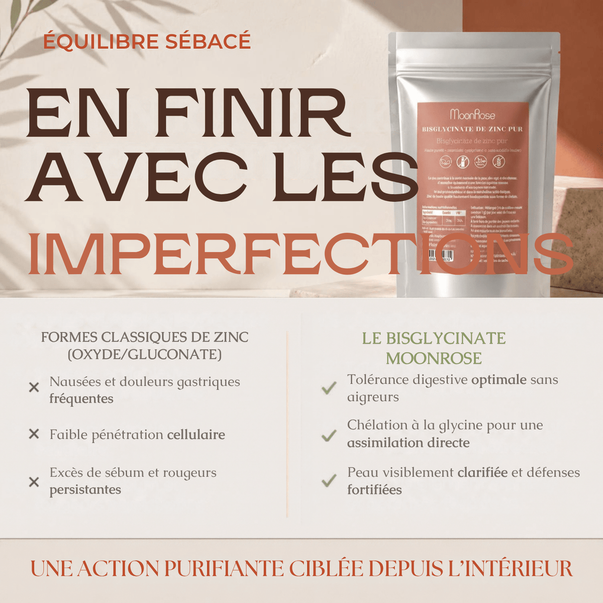 Comprimés Bisglycinate de Zinc Pur MoonRose (500 Comprimés) — 25 mg de Zinc Haute Assimilation (250 % VNR) | Peau Nette, Immunité & Vitalité | Format Géant 500 Jours | Certifié Halal - MoonRose