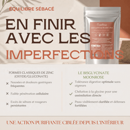 Comprimés Bisglycinate de Zinc Pur MoonRose (500 Comprimés) — 25 mg de Zinc Haute Assimilation (250 % VNR) | Peau Nette, Immunité & Vitalité | Format Géant 500 Jours | Certifié Halal - MoonRose