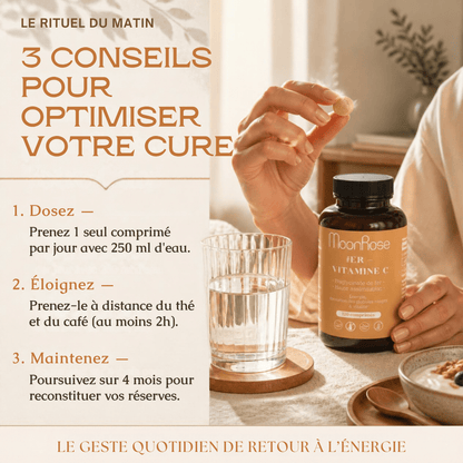 Comprimés Fer Bisglycinate + Vitamine C MoonRose (120 Comprimés) — Haute Assimilation Doux pour l'Estomac | 14 mg Fer (100% VNR) & Vitamine C | Énergie & Globules Rouges | Cure 4 Mois - MoonRose