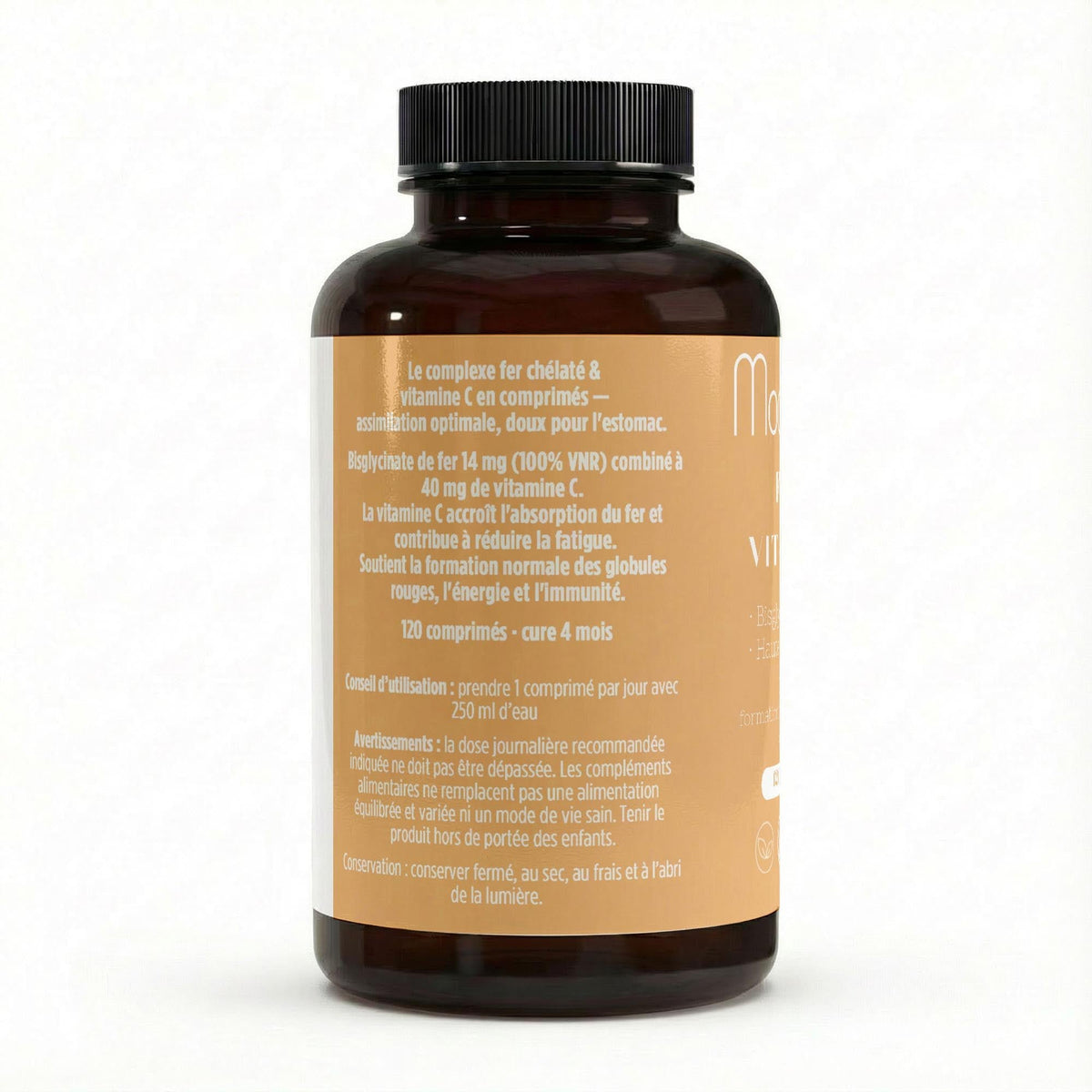 Comprimés Fer Bisglycinate + Vitamine C MoonRose (120 Comprimés) — Haute Assimilation Doux pour l'Estomac | 14 mg Fer (100% VNR) & Vitamine C | Énergie & Globules Rouges | Cure 4 Mois - MoonRose