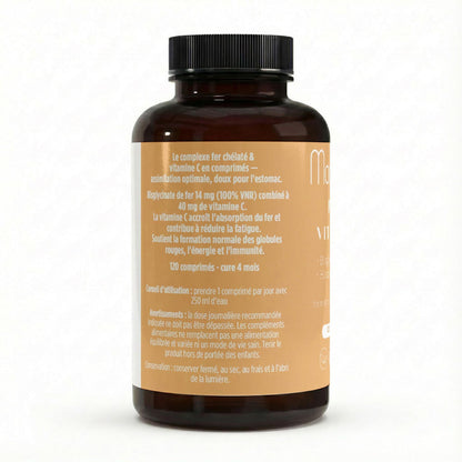 Comprimés Fer Bisglycinate + Vitamine C MoonRose (120 Comprimés) — Haute Assimilation Doux pour l'Estomac | 14 mg Fer (100% VNR) & Vitamine C | Énergie & Globules Rouges | Cure 4 Mois - MoonRose