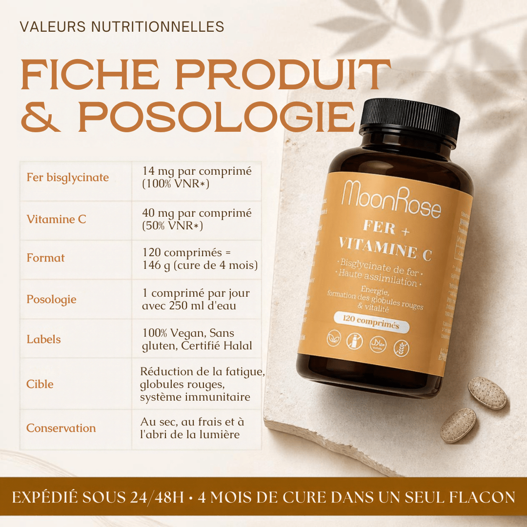 Comprimés Fer Bisglycinate + Vitamine C MoonRose (120 Comprimés) — Haute Assimilation Doux pour l'Estomac | 14 mg Fer (100% VNR) & Vitamine C | Énergie & Globules Rouges | Cure 4 Mois - MoonRose