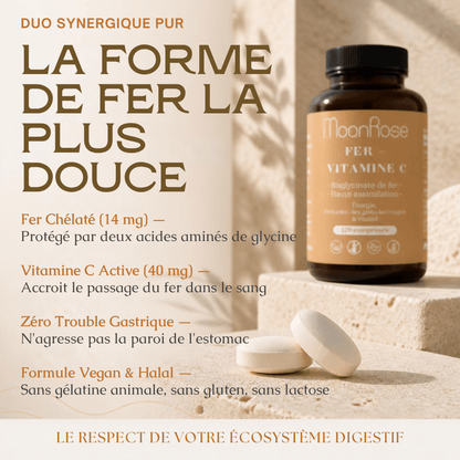 Comprimés Fer Bisglycinate + Vitamine C MoonRose (120 Comprimés) — Haute Assimilation Doux pour l'Estomac | 14 mg Fer (100% VNR) & Vitamine C | Énergie & Globules Rouges | Cure 4 Mois - MoonRose