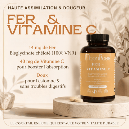 Comprimés Fer Bisglycinate + Vitamine C MoonRose (120 Comprimés) — Haute Assimilation Doux pour l'Estomac | 14 mg Fer (100% VNR) & Vitamine C | Énergie & Globules Rouges | Cure 4 Mois - MoonRose