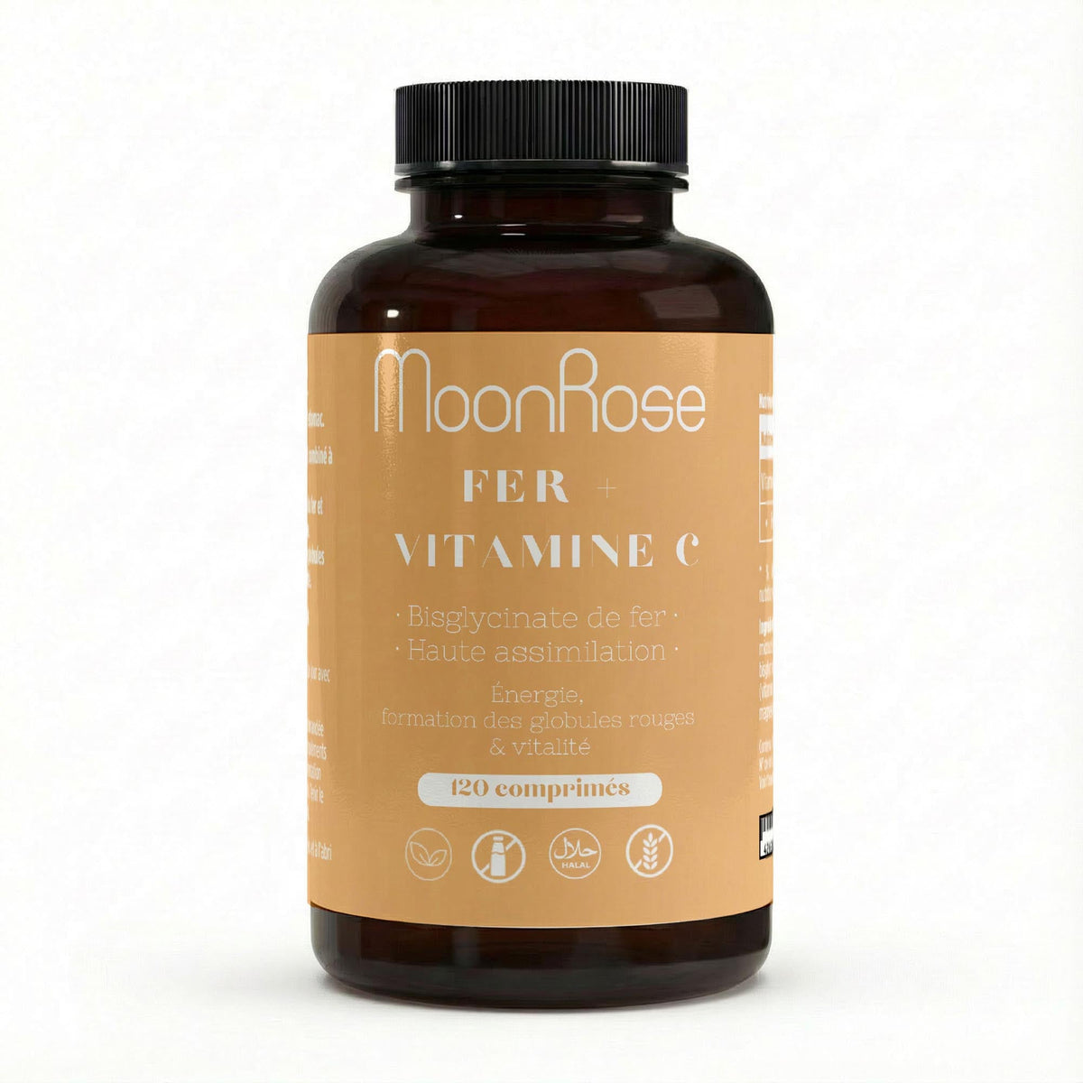 Comprimés Fer Bisglycinate + Vitamine C MoonRose (120 Comprimés) — Haute Assimilation Doux pour l'Estomac | 14 mg Fer (100% VNR) & Vitamine C | Énergie & Globules Rouges | Cure 4 Mois - MoonRose