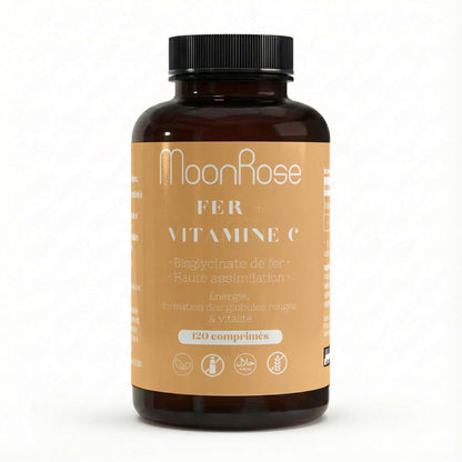 Comprimés Fer Bisglycinate + Vitamine C MoonRose (120 Comprimés) — Haute Assimilation Doux pour l'Estomac | 14 mg Fer (100% VNR) & Vitamine C | Énergie & Globules Rouges | Cure 4 Mois - MoonRose