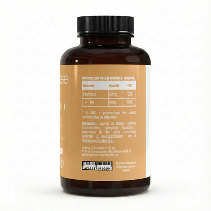 Comprimés Fer Bisglycinate + Vitamine C MoonRose (120 Comprimés) — Haute Assimilation Doux pour l'Estomac | 14 mg Fer (100% VNR) & Vitamine C | Énergie & Globules Rouges | Cure 4 Mois - MoonRose