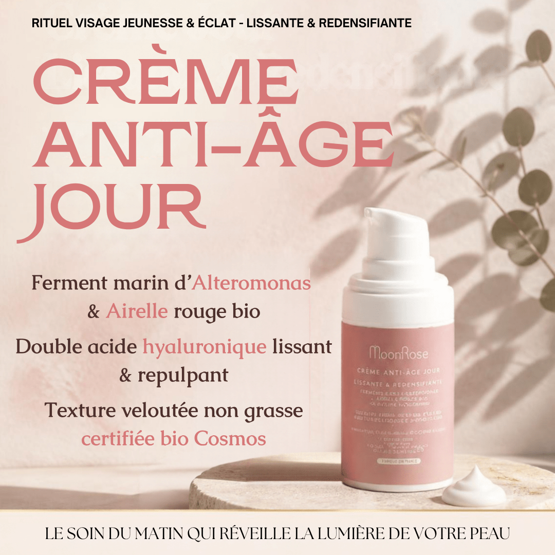 Crème Anti-Âge Jour Lissante & Redensifiante — Acide Hyaluronique, Ferment Marin d'Alteromonas, Airelle Rouge & Jojoba Bio | Soin Visage Éclat Velouté - MoonRose