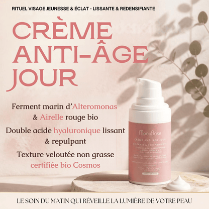 Crème Anti-Âge Jour Lissante & Redensifiante — Acide Hyaluronique, Ferment Marin d'Alteromonas, Airelle Rouge & Jojoba Bio | Soin Visage Éclat Velouté - MoonRose
