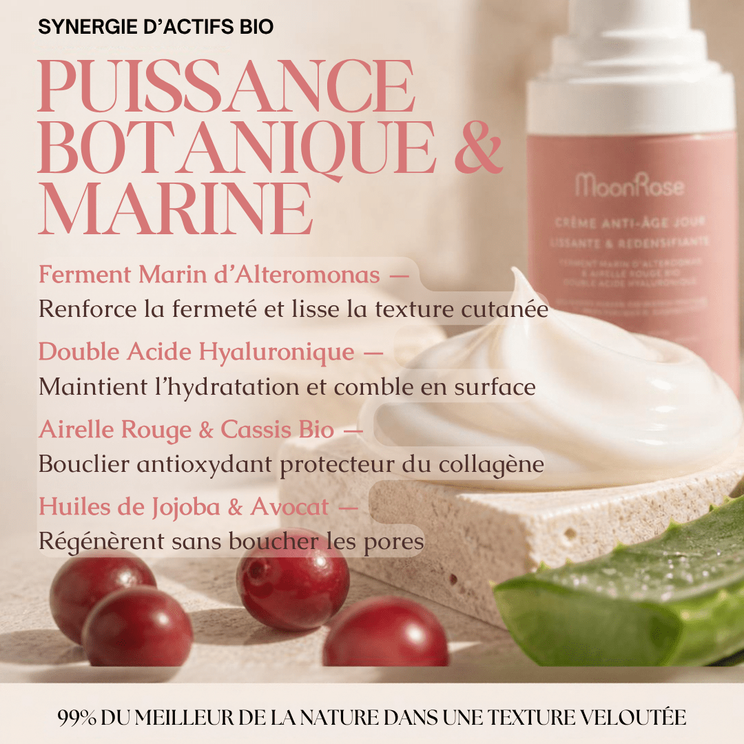 Crème Anti-Âge Jour Lissante & Redensifiante — Acide Hyaluronique, Ferment Marin d'Alteromonas, Airelle Rouge & Jojoba Bio | Soin Visage Éclat Velouté - MoonRose
