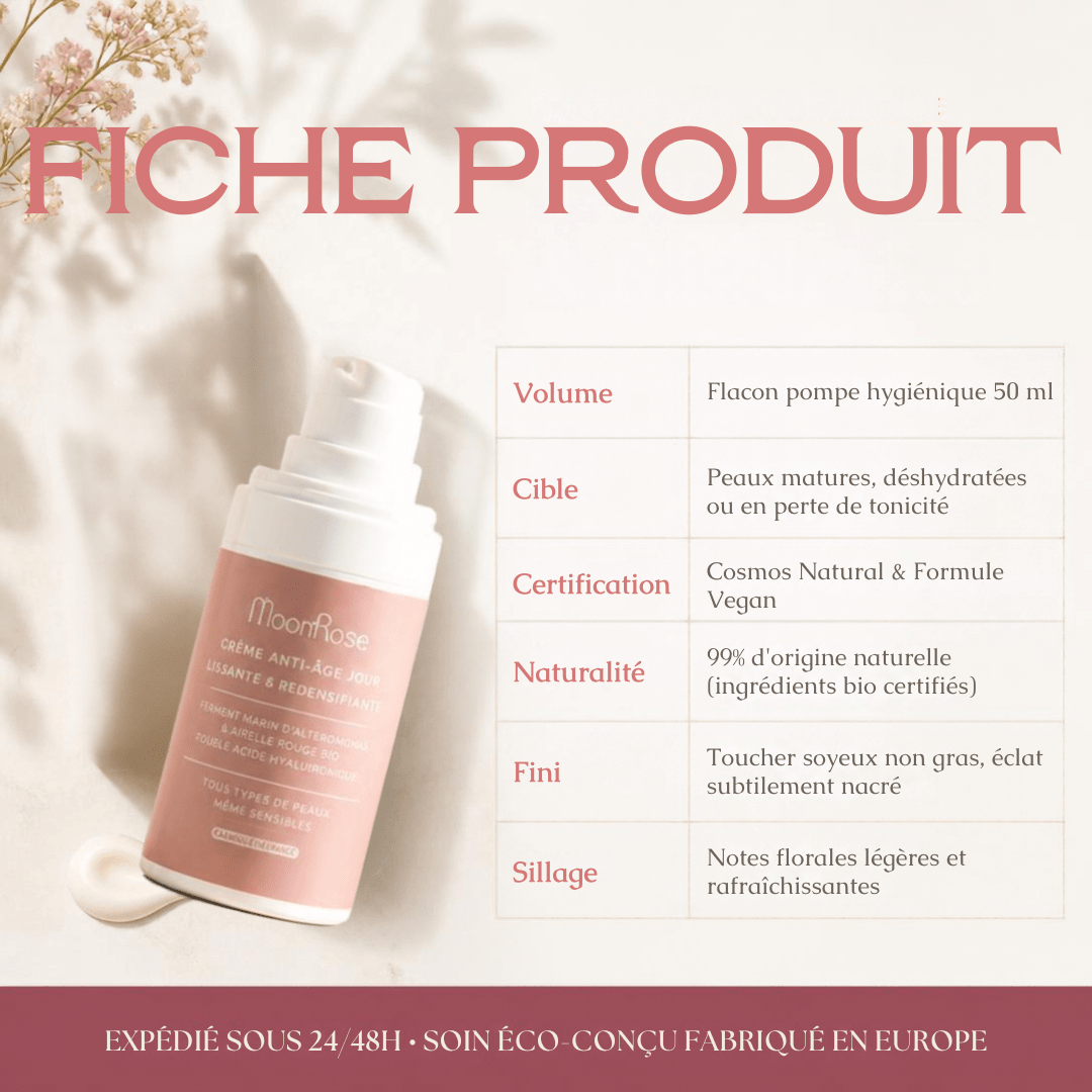 Crème Anti-Âge Jour Lissante & Redensifiante — Acide Hyaluronique, Ferment Marin d'Alteromonas, Airelle Rouge & Jojoba Bio | Soin Visage Éclat Velouté - MoonRose