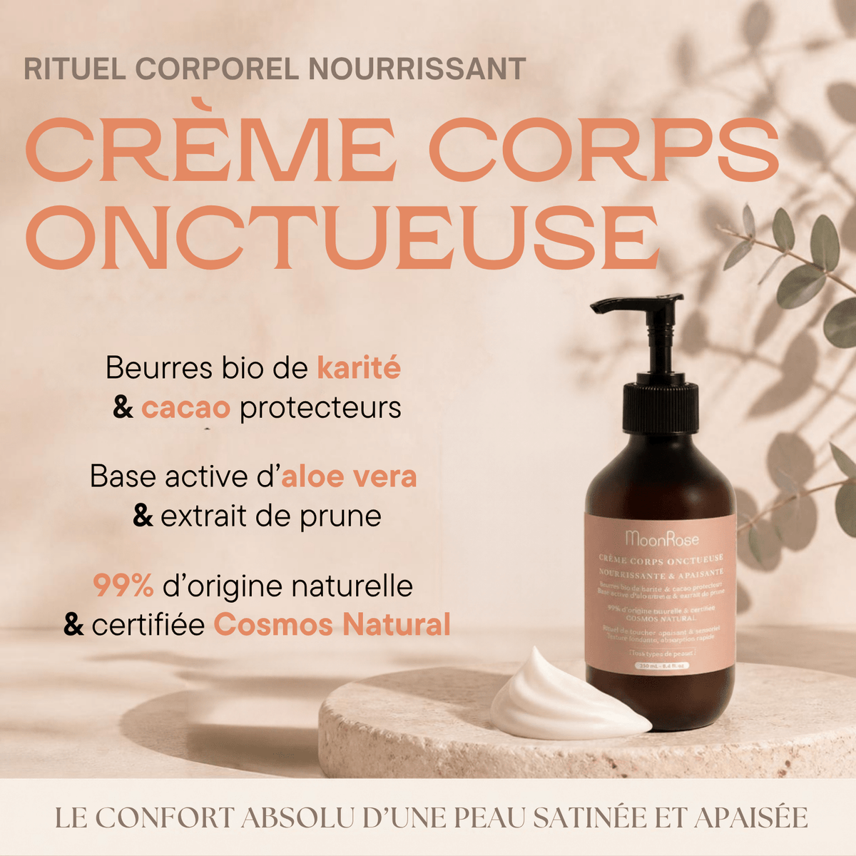 Crème Corps Onctueuse MoonRose (200 ml) — Soin Nourrissant & Apaisant Bio | Karité, Cacao, Aloe Vera & Extrait de Prune | Cosmos Natural - MoonRose