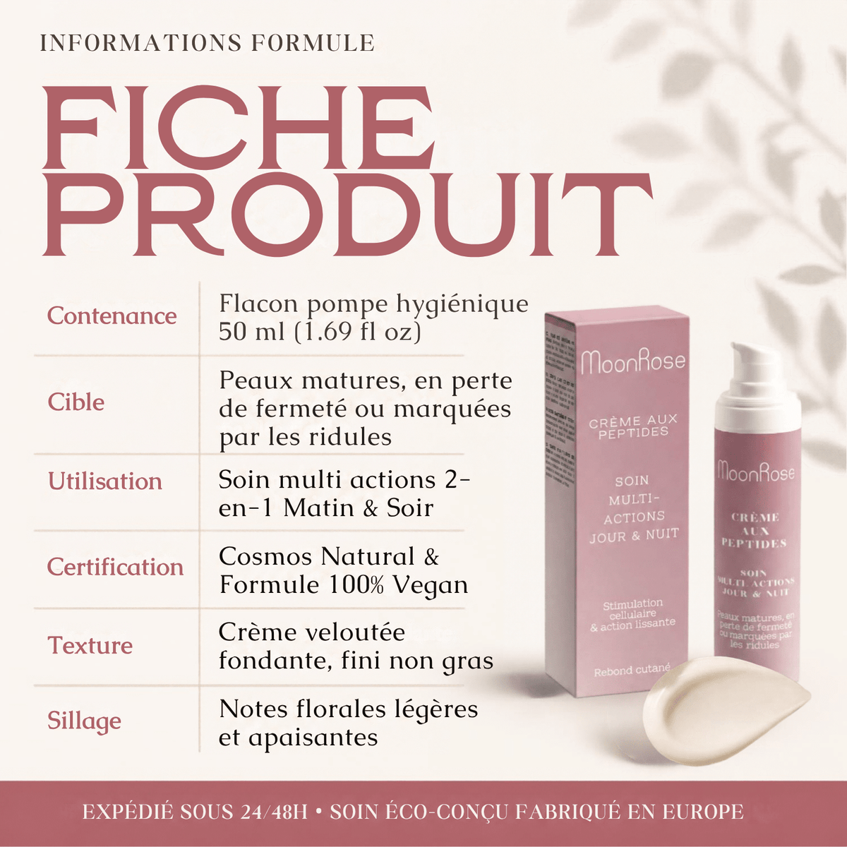 Crème Visage aux Peptides MoonRose (50 ml) — Soin Multi-Actions Jour & Nuit | Hexapeptide-11, Acide Hyaluronique, Beurre de Mangue & Huile de Myrtille | Cosmos Natural - MoonRose
