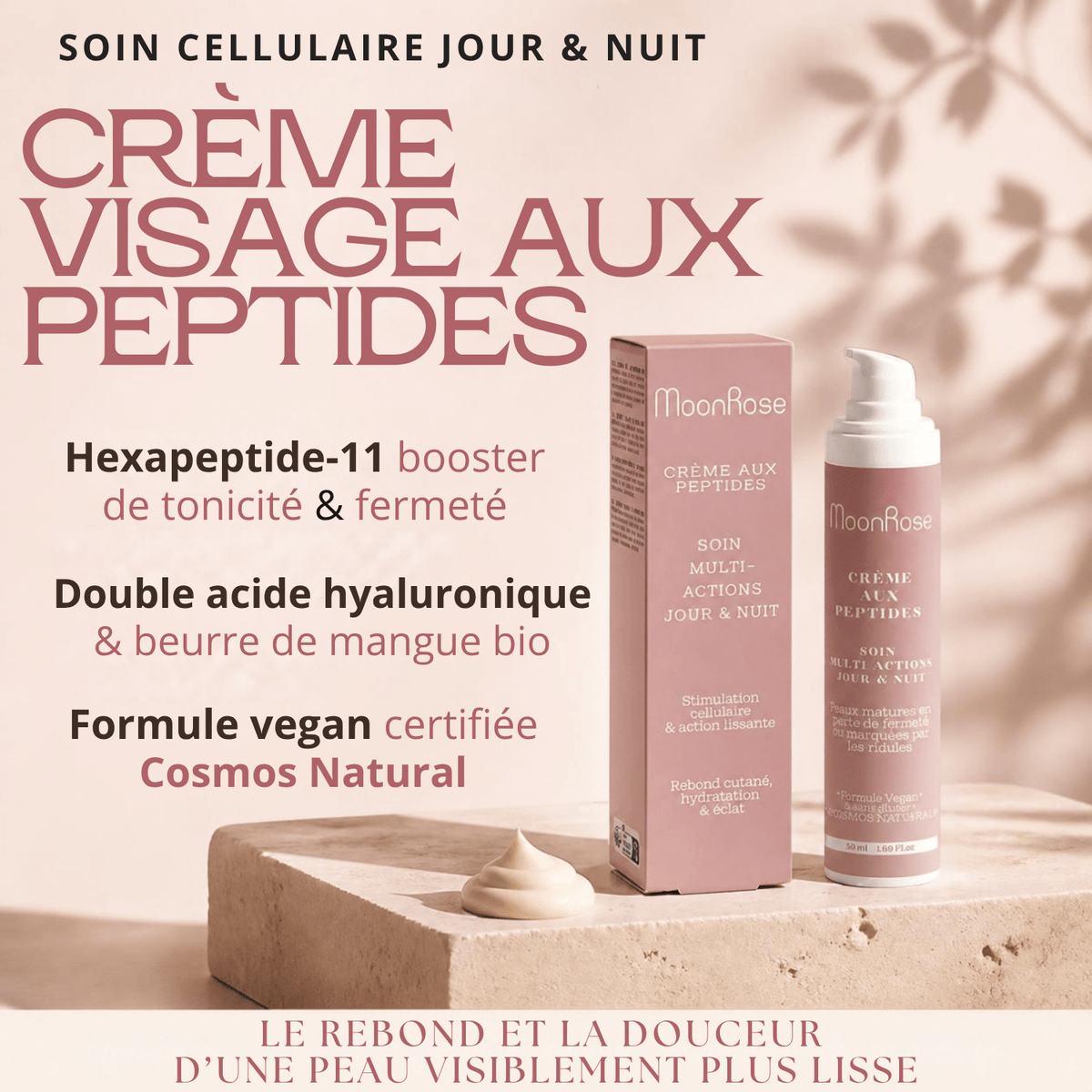 Crème Visage aux Peptides MoonRose (50 ml) — Soin Multi-Actions Jour & Nuit | Hexapeptide-11, Acide Hyaluronique, Beurre de Mangue & Huile de Myrtille | Cosmos Natural - MoonRose