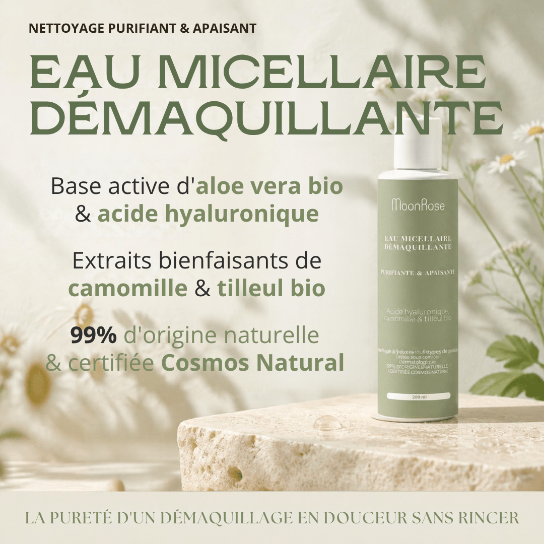 Eau Micellaire Démaquillante MoonRose (200 ml) — Purifiante & Apaisante | Aloe Vera Bio, Acide Hyaluronique, Camomille & Tilleul | Cosmos Natural - MoonRose