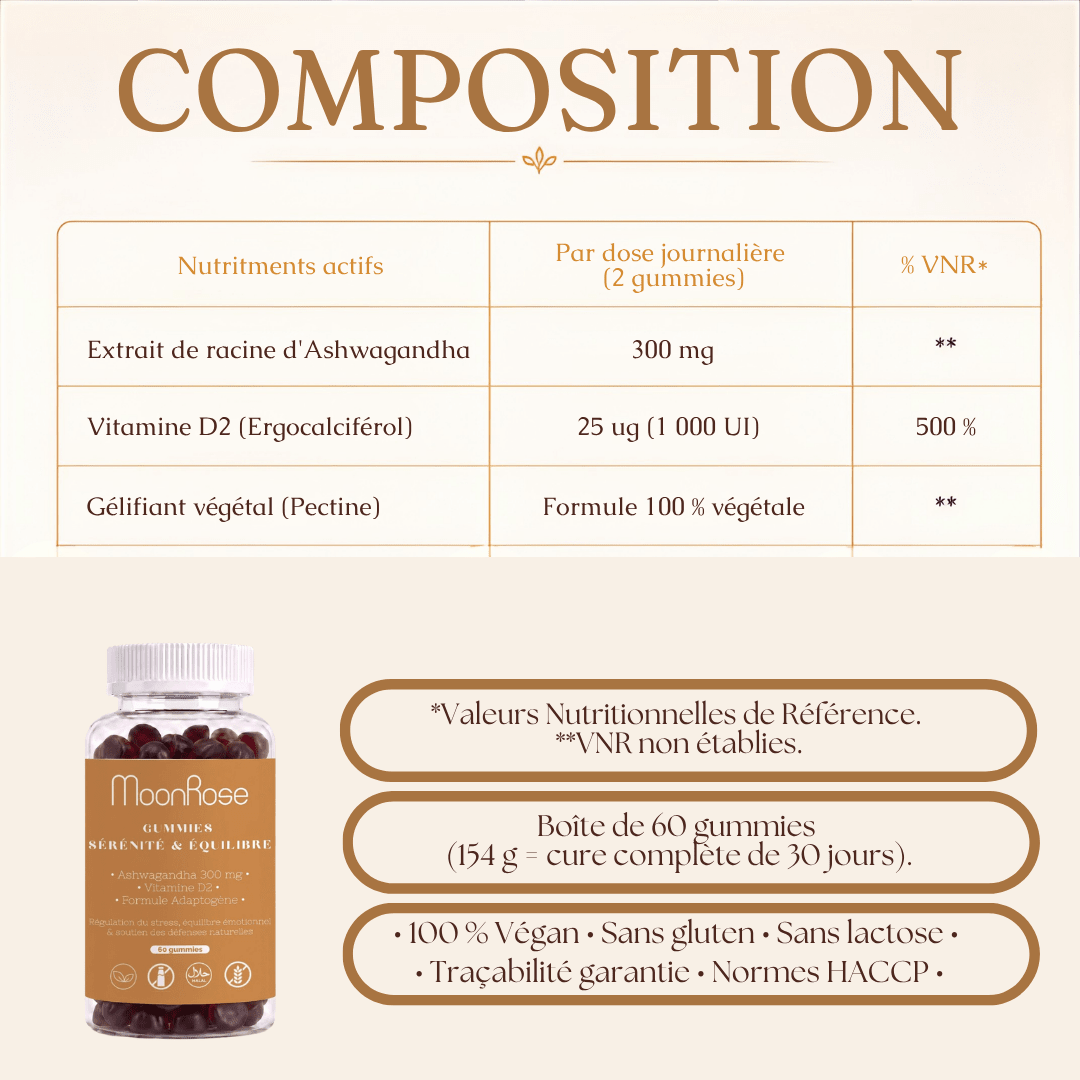 Gummies Sérénité & Équilibre Ashwagandha 300 mg & Vitamine D2 – 60 Gummies - MoonRose