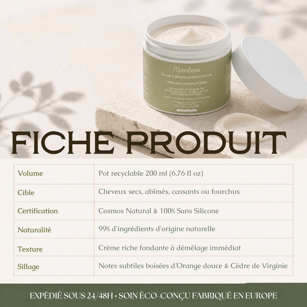 Masque Réparateur Intensif à la Kératine MoonRose (200 ml) — Soin Démêlant & Fortifiant Fibre | Protéines de Blé, Karité Bio, Huile d'Avocat & Extrait de Chanterelle | Cosmos Natural - MoonRose
