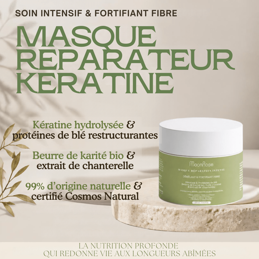 Masque Réparateur Intensif à la Kératine MoonRose (200 ml) — Soin Démêlant & Fortifiant Fibre | Protéines de Blé, Karité Bio, Huile d'Avocat & Extrait de Chanterelle | Cosmos Natural - MoonRose