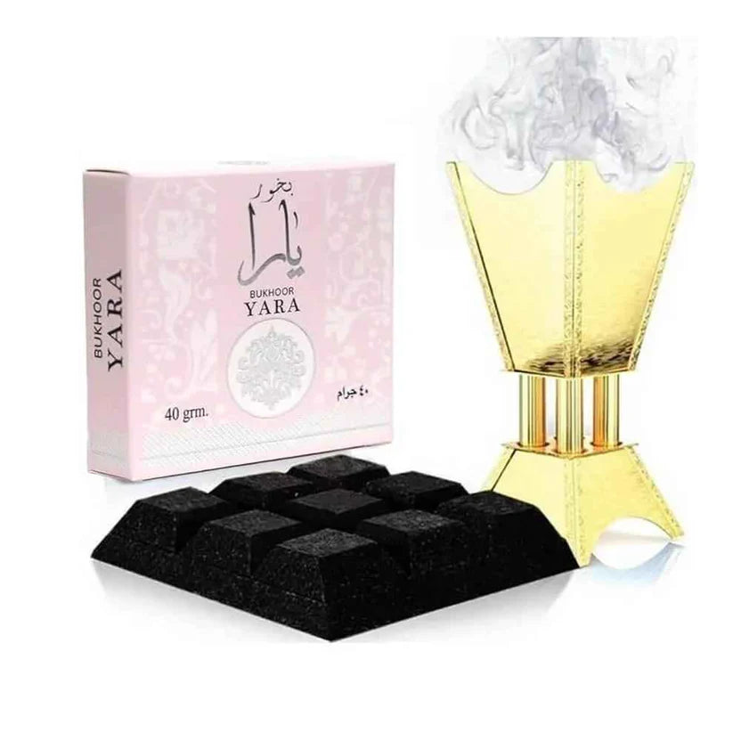 Mélange de bakhour Yara MoonRose en boîte de 40 g avec encens parfumé et fleurs séchées pour aromathérapie.