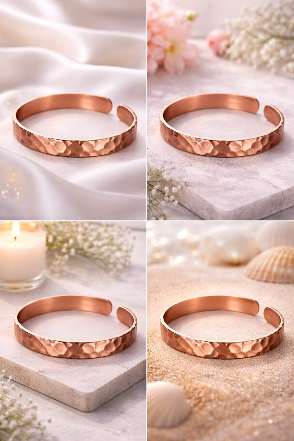 Bracelet en cuivre ajustable MoonRose pour homme et femme, finition lisse, porté au poignet.