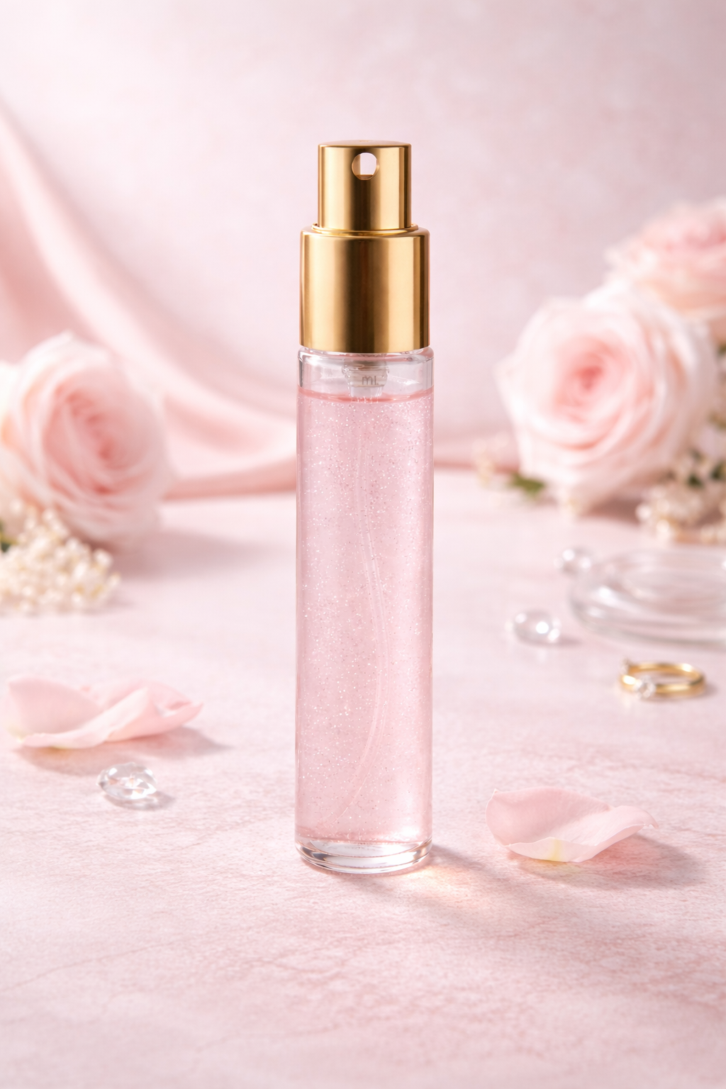 Brume parfumée MoonRose à la rose scintillante avec paillettes, vaporisateur élégant pour une fragrance délicate et brillante.